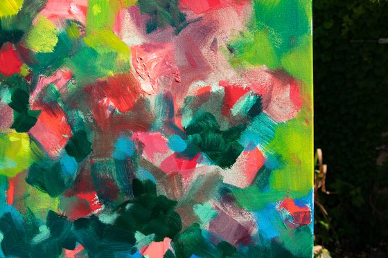 Abstract floral in summer - Oil painting in yellow, green and red - flowers bouquet - garden Modern abstraction nature evocation interpretation