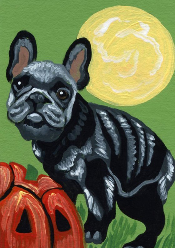 ACEO ATC Original Miniature Painting Halloween French Bulldog Skeleton Dog Pumpkin Art-Carla Smale