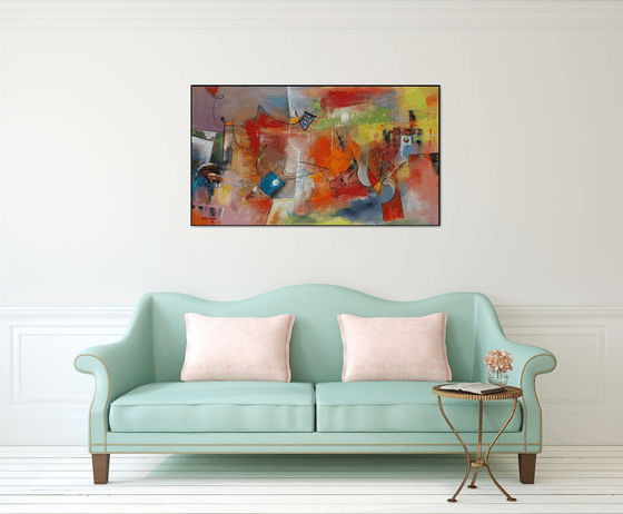 The Heat Of The Day, Large abstract painting, Original art, Oil on canvas, horizontal painting 82x145 cm, red tones