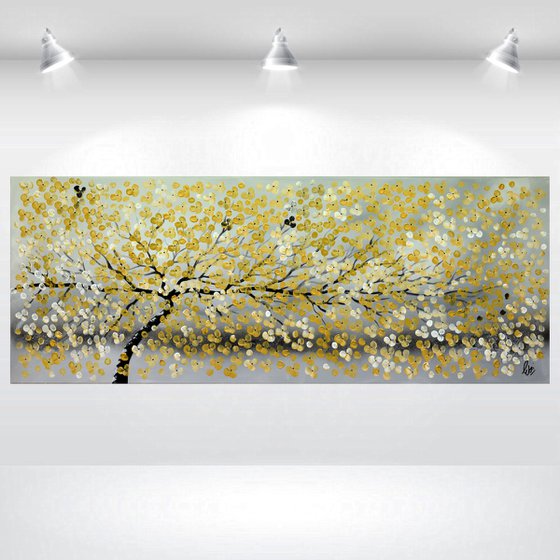 Golden Cherries II - large acrylic abstract painting cherry blossoms nature painting canvas wall art