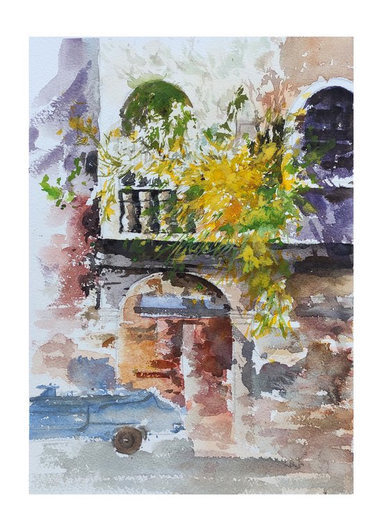 Window with flowers Original Painting Watercolour, contemporary art window, flower impressionist art, cityscape painting, colourful wall art
