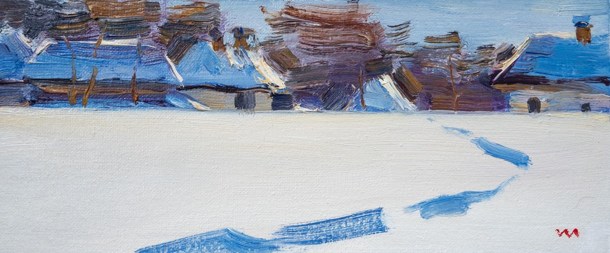 Impressionistic Cityscapes Oil Painting By Vasyl Moldavchuk, 11 X 5", Winter Morning, Original Artwork