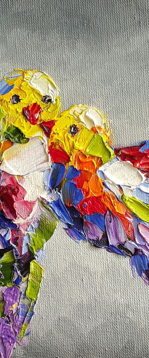 Flying in the gray sky - painting on canvas, animals oil painting, art bird, Impressionism, palette knife, gift. by Anastasia Kozorez