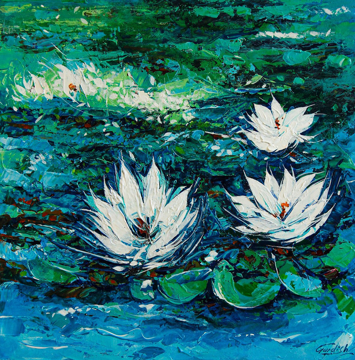 Abstract Botanical Acrylic Painting By Artist Gurdish Pannu, 18 X 18, White Water Lily Artworks, Original Artwork