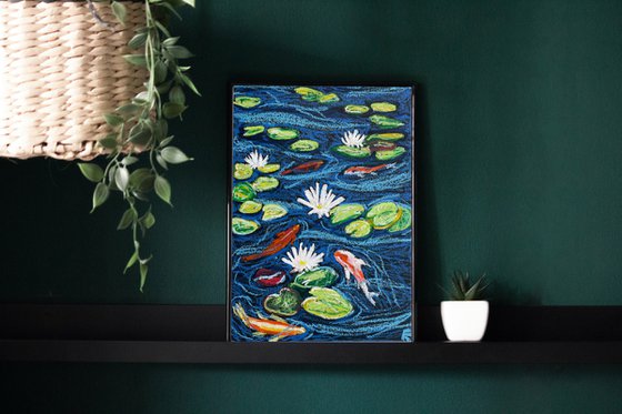 Koi Fish Painting, Original Oil Pastel Drawing, Feng Shui Art, Fish Artwork, Carp Wall Art