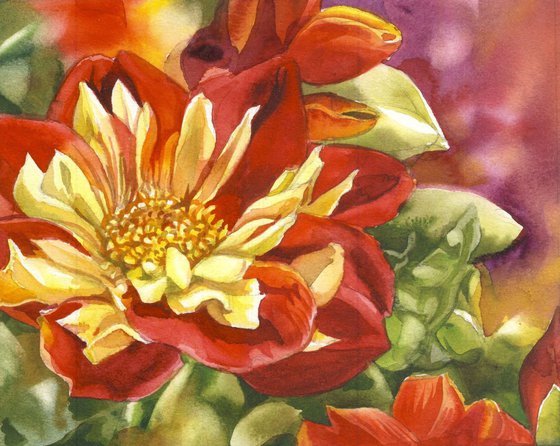 a painting a day #40 "yellow and red dahlias"