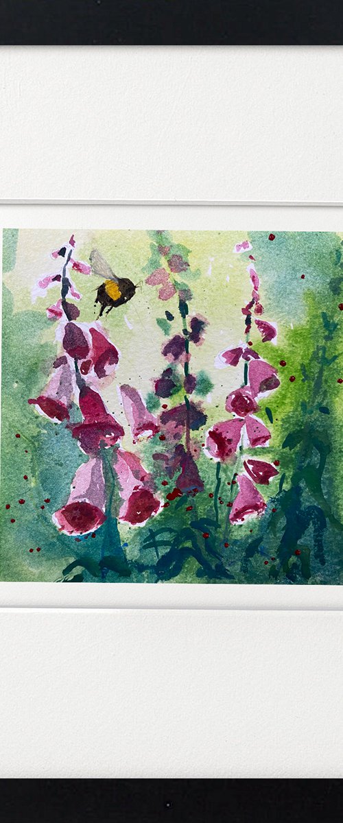 Foxgloves & Bee framed by Teresa Tanner