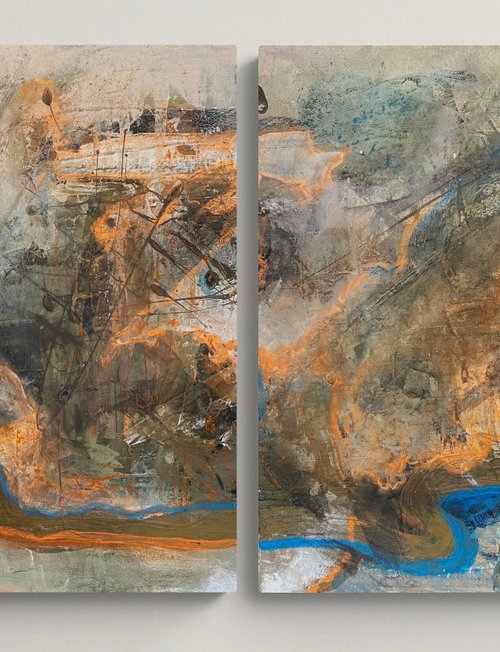 "Tandem" - diptych abstract, beige abstract painting, small painting, 25*25 cm. by Anna Prykhodko