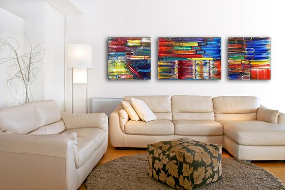 "The Road Less Traveled" - Save As A Series - Unique PMS Geometric Oil Painting Triptych On Canvas - 84" x 24"