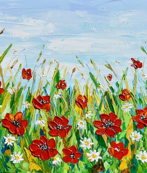 Poppies and Daisies - Wildflower Meadow Palette Knife Painting by Olga Tkachyk