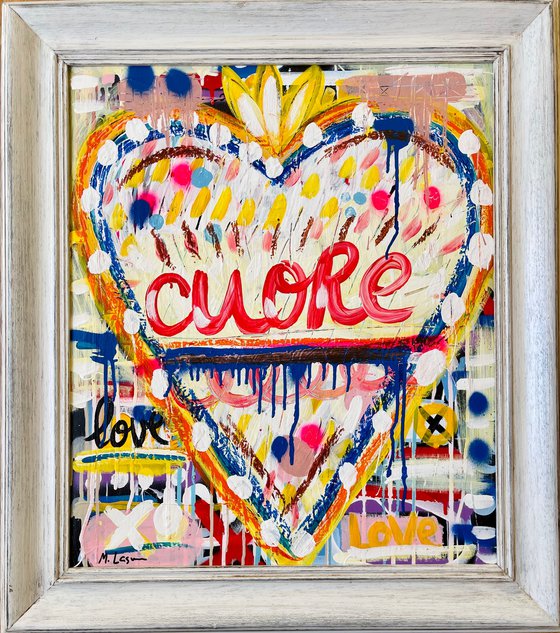 White Cuore, with vintage frame (75x66 cm) ready to hang