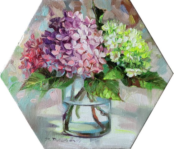 Hexagon oil painting hydrangea, Flowers painting original canvas art, Purple yellow Hortense in glass, Floral artwork oil