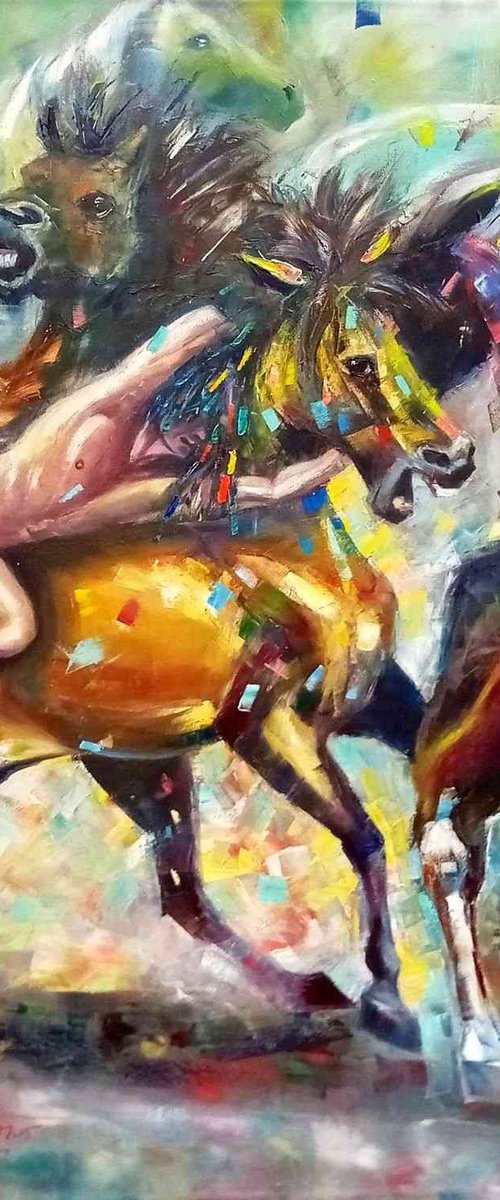 Dynamic Horse Painting 'Rapa das Bestas' Galician Festival, Impressionistic Oil Painting by Ion Sheremet