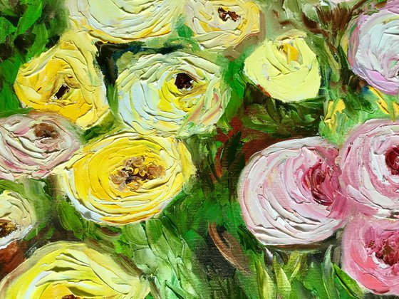 Large size WHITE PINK YELLOW PURPLE  ROSES in a Greenwich rose garden palette  knife modern still life  flowers office home decor gift