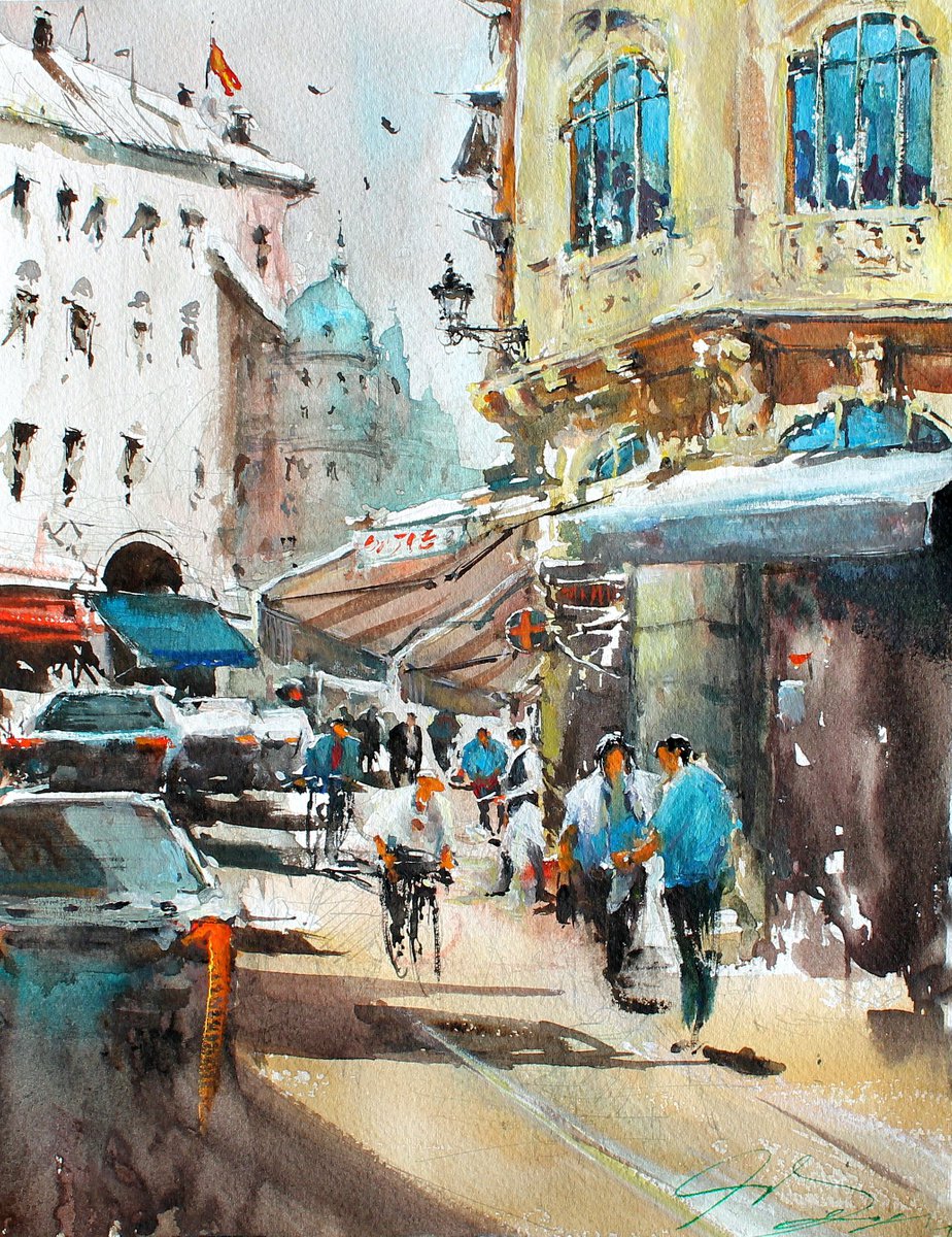 Impressionistic Cityscapes Watercolour By Maximo Damico, 11 X 15", Seville Energies, Original Artwork