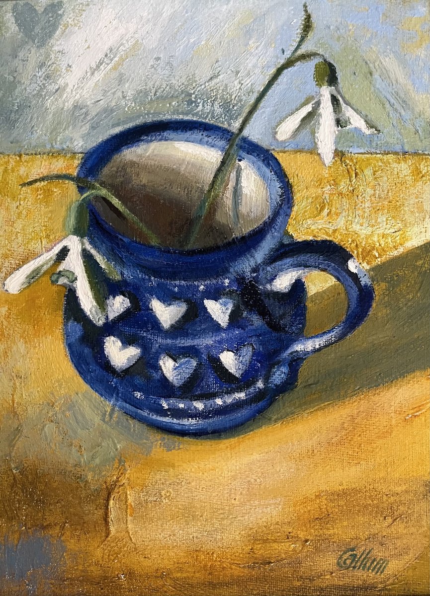 Impressionistic Botanical Oil Painting By Christine Callum Mcinally, 13 X 15, Snowdrops In Love Heart Cup, Original Artwork