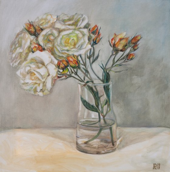 Garden Roses In A Glass Vase