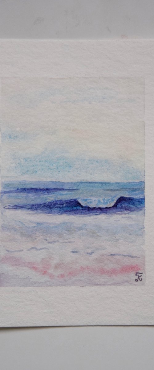 Seascape miniature watercolor painting, ocean wave small original art by Kate Grishakova