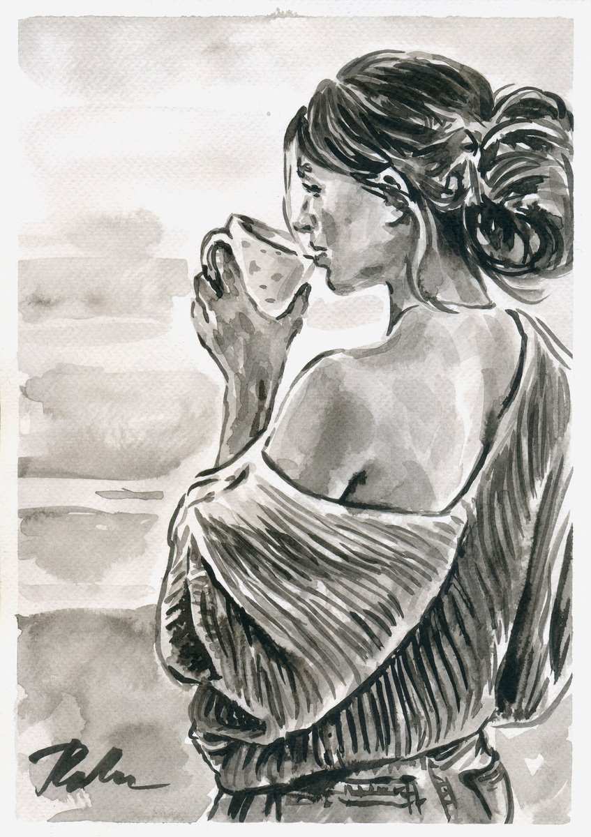 Urban And Pop Portrait Ink Drawing By Tashe, 8 X 12", "Cozy Morning In A Province", Original Artwork