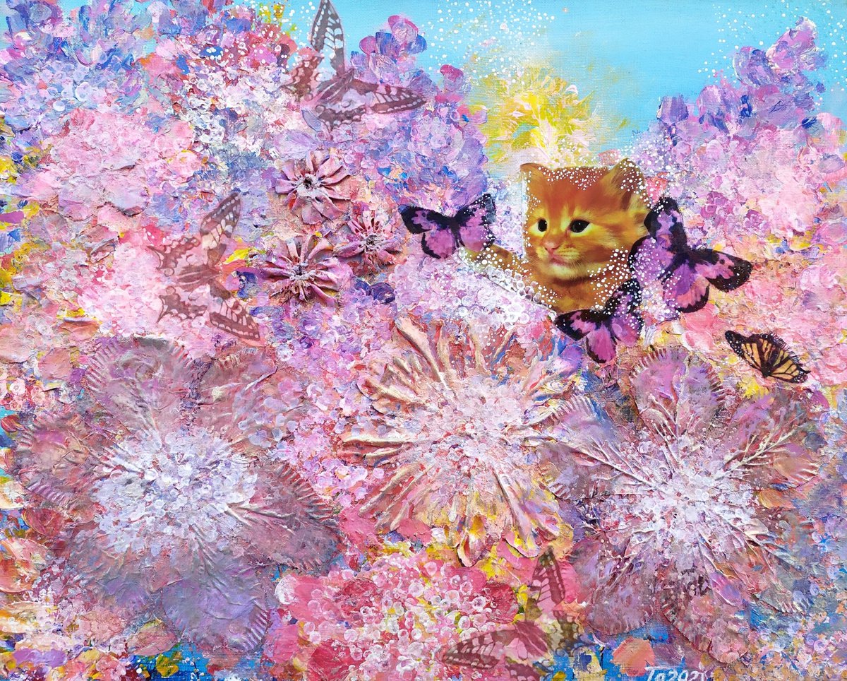 Ginger kitten and purple butterflies in summer garden by Tetiana Chebrova