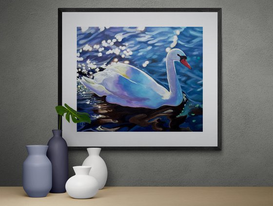 Sunlit Swan Glinting Water