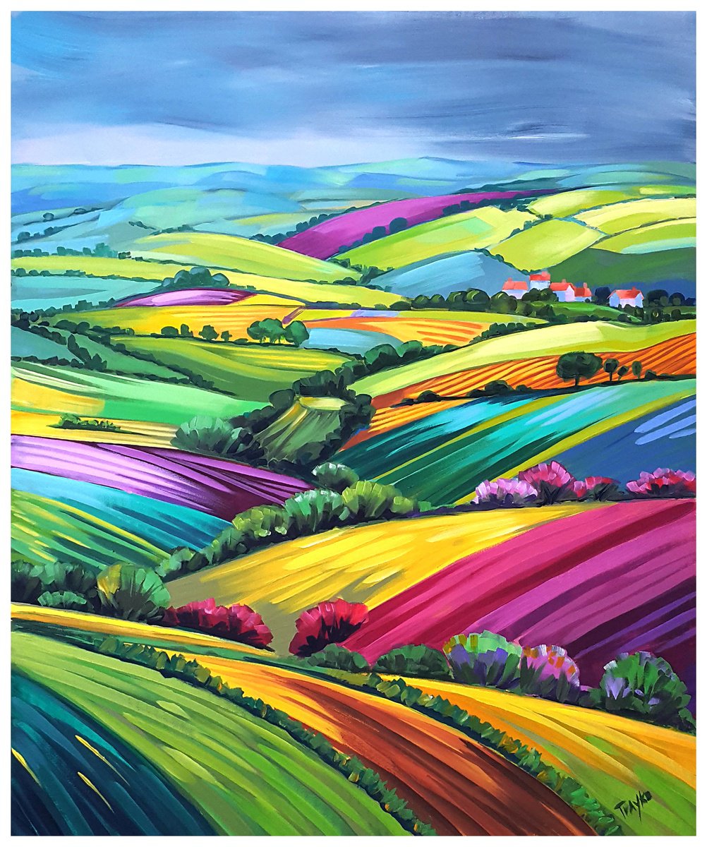 Abstract Landscape Acrylic Painting By Trayko Popov, 33 X 39", Color Impression, Original Artwork