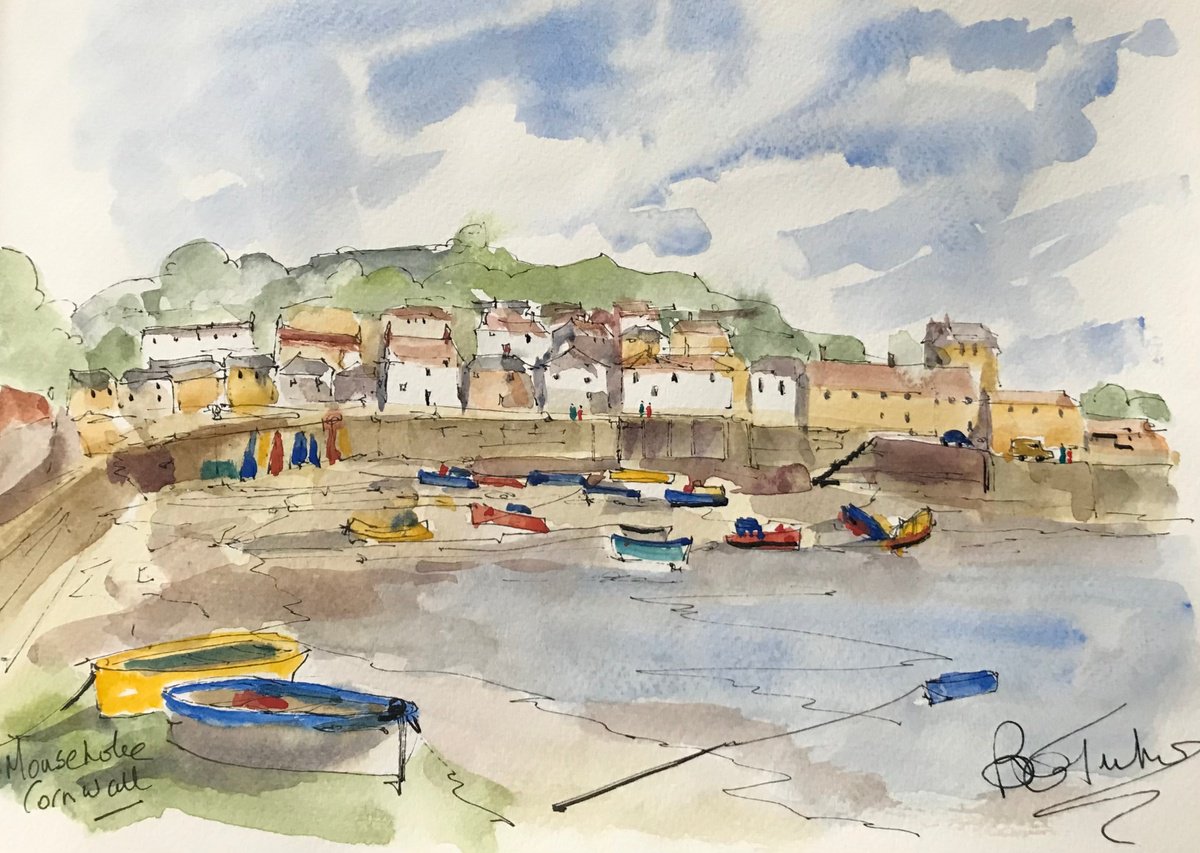 Impressionistic Landscape Watercolour By Brian Tucker, 12 X 9, Mousehole In Cornwall, Original Artwork