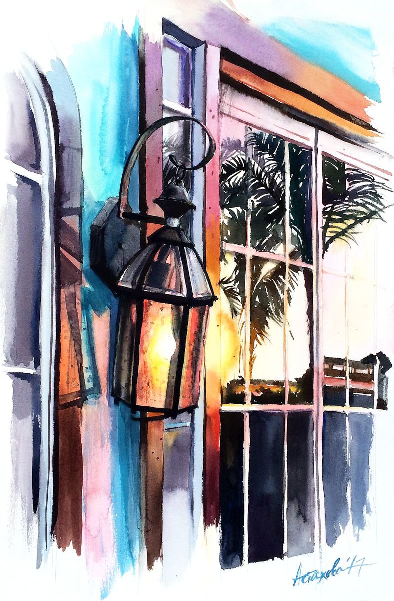 Photorealistic Cityscapes Watercolour By Ksenia Astakhova, 12 X 18", Lantern From Morro Bay, Original Artwork