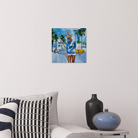 Summer Vibes - oil painting, original gift, summer, palm trees, skate, girl, city, blonde, office decor, home interior, wall art