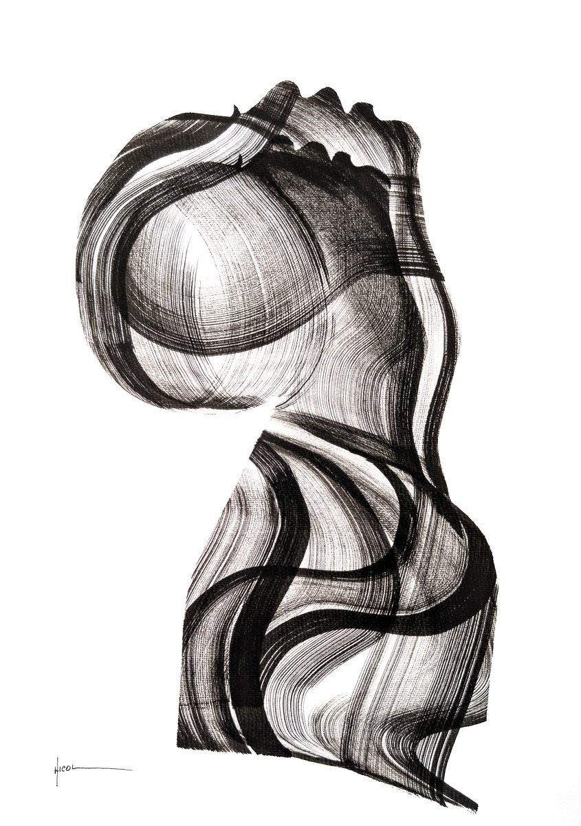 Expressive Portrait Ink Drawing By Nicol Vacaru, 15 X 22", Eternal Rise, Original Artwork