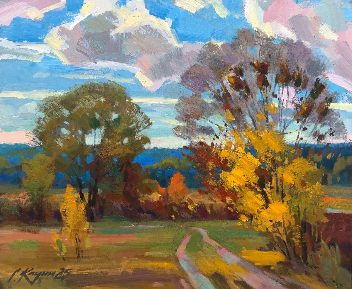 Impressionistic Landscape Acrylic Painting By Sergey Kachin, 26 X 22", Sunny Day, Original Artwork