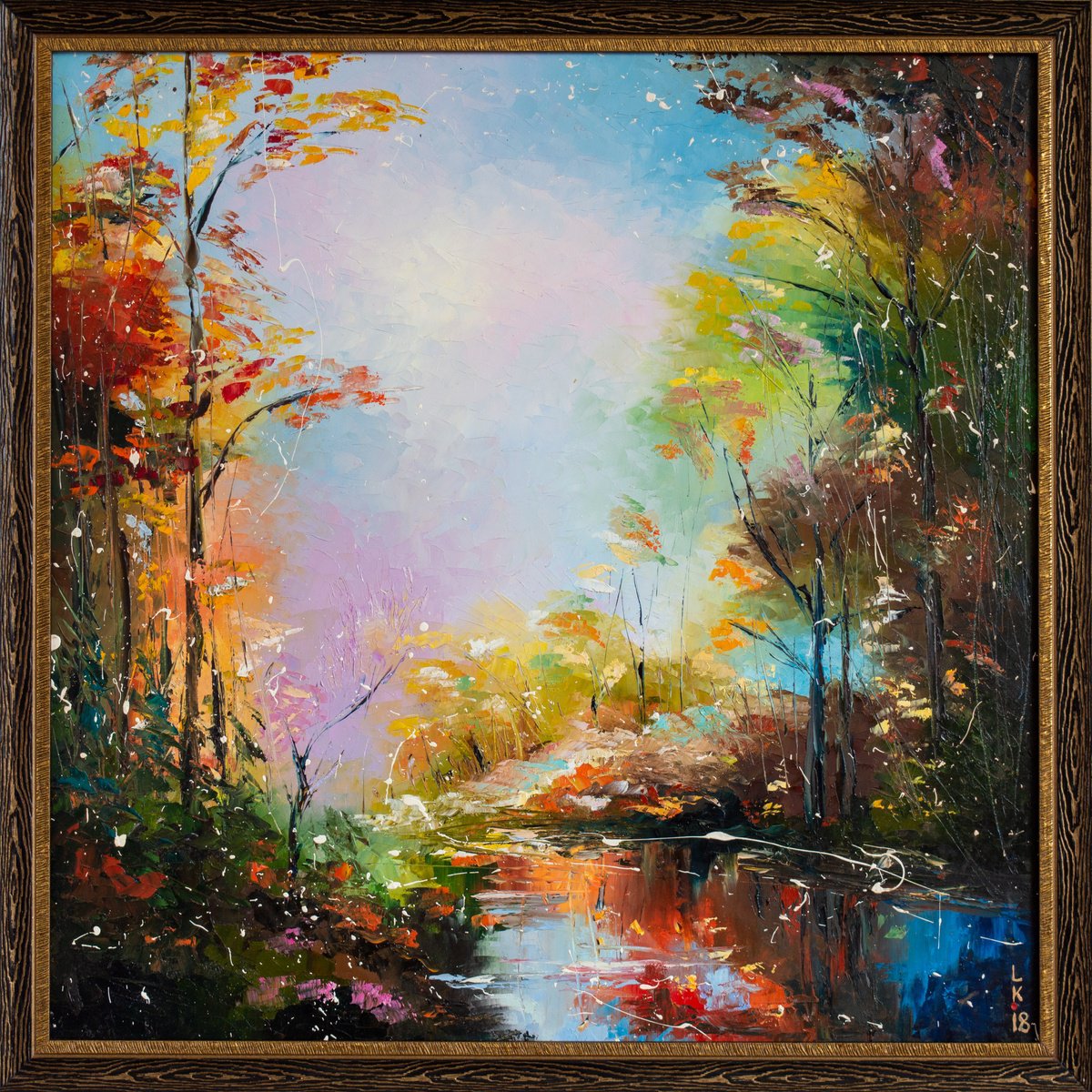 Impressionistic Landscape Oil Painting By Liubov Kuptsova, 21 X 21", Fall Forest (Framed), Original Artwork
