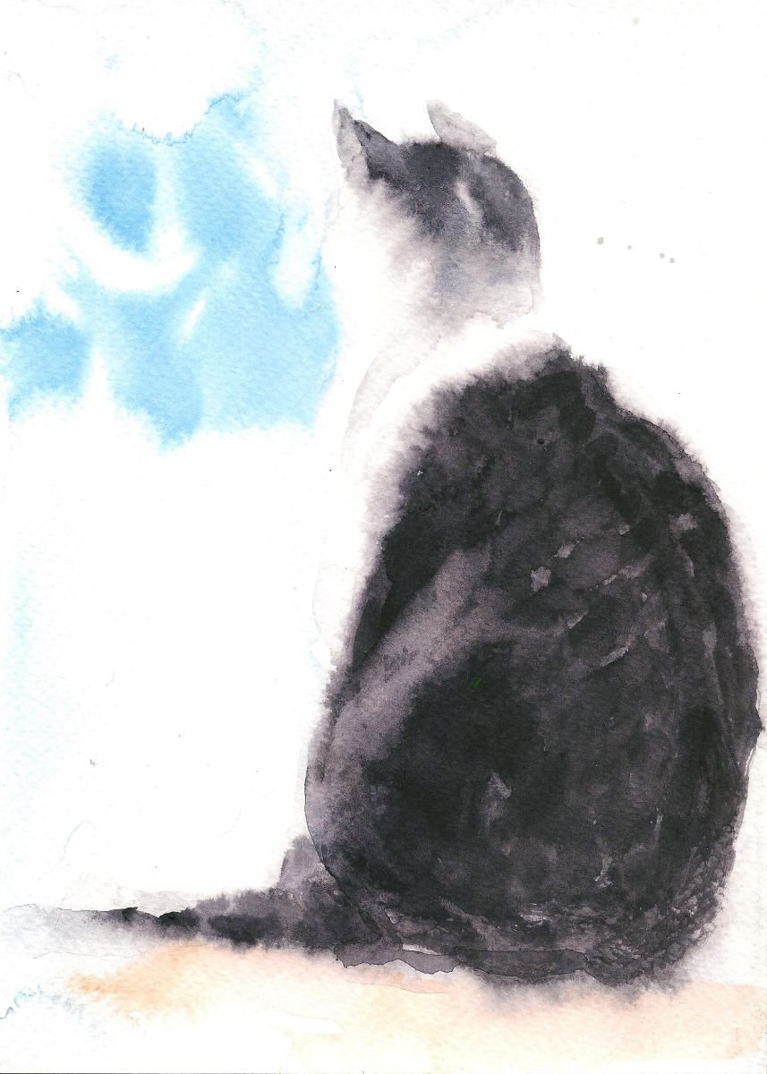 Cat Minimalist Watercolor Painting -8 (5.8x 8.3 - A5 size) by Asha Shenoy