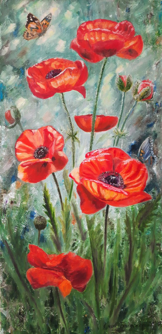 Scarlet poppies - bright flowers in the grass, sunny mood, oil painting, home decor, original gift