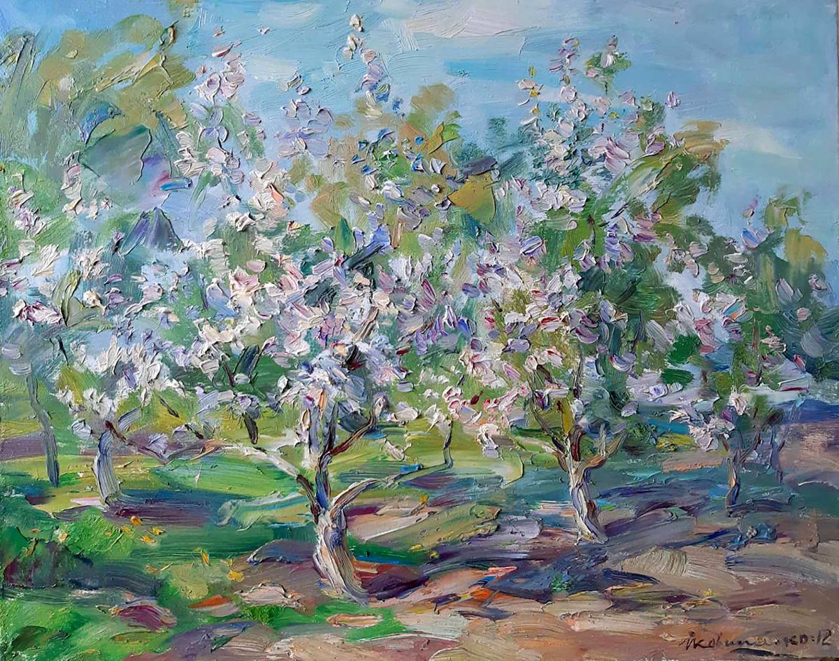 Impressionistic Landscape Oil Painting By Ivan Kovalenko, 20 X 16, Trees Bloom, Original Artwork