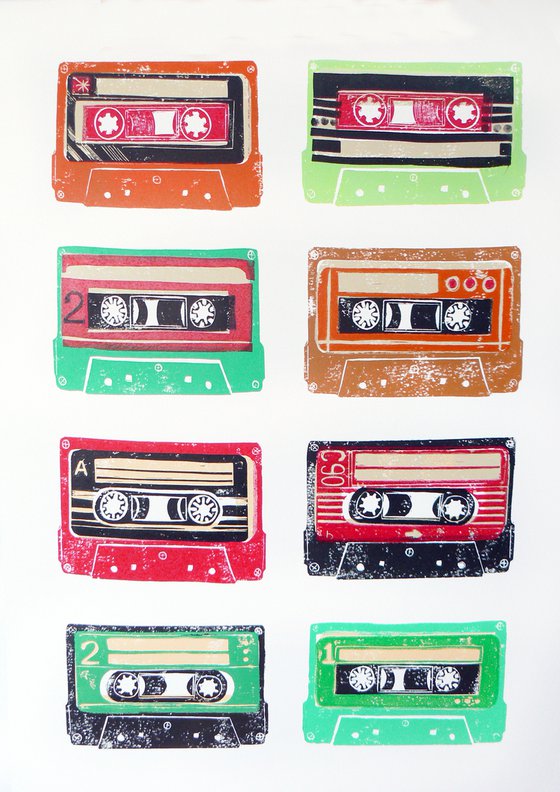 Linocut tapes #16 (cassette tapes, retro music, 70's, 80's rock culture)