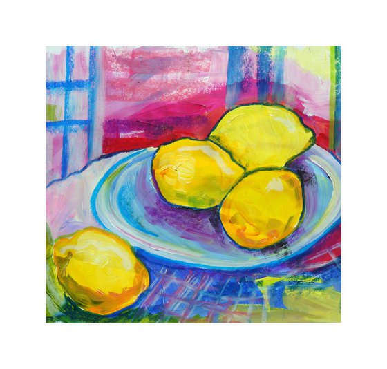Yellow Lemons on Blue plate