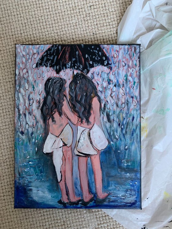 Acrylic Painting of Two Sisters People Portrait Blue Canvas Painting Ready To Hang