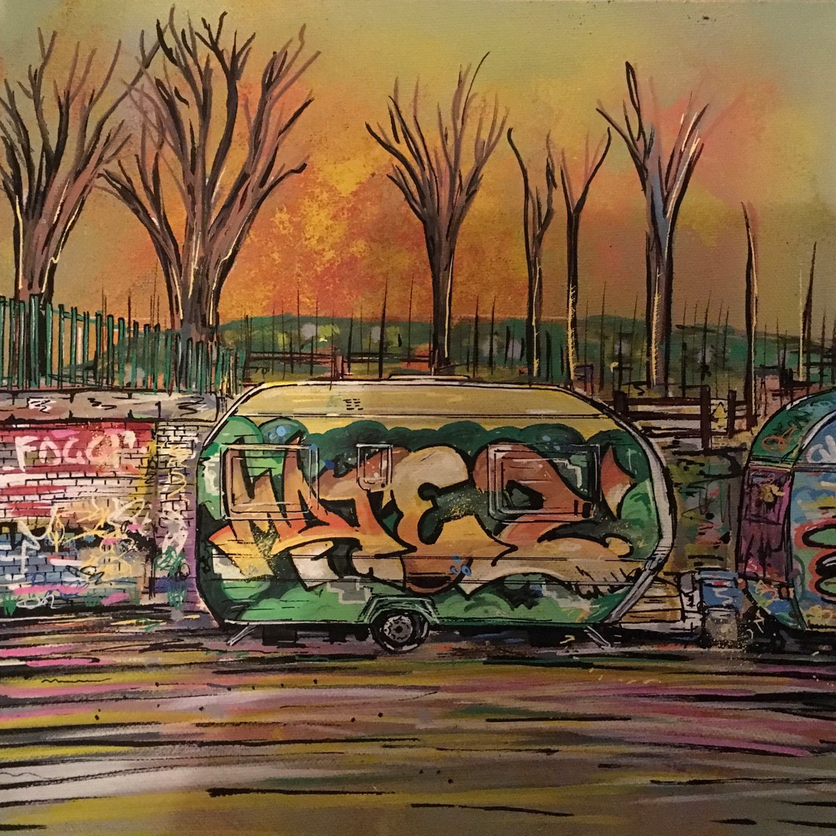 Urban And Pop Painting , Graffitied Caravan 2 By John Curtis, 12 X 12, Artwork For Sale On Artfinder