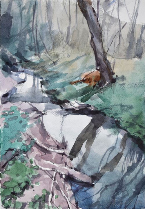 Forest landscape with a creek by Goran Žigolić Watercolors