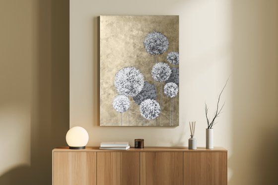 "Gold Flower Balls" Abstract gold gray art