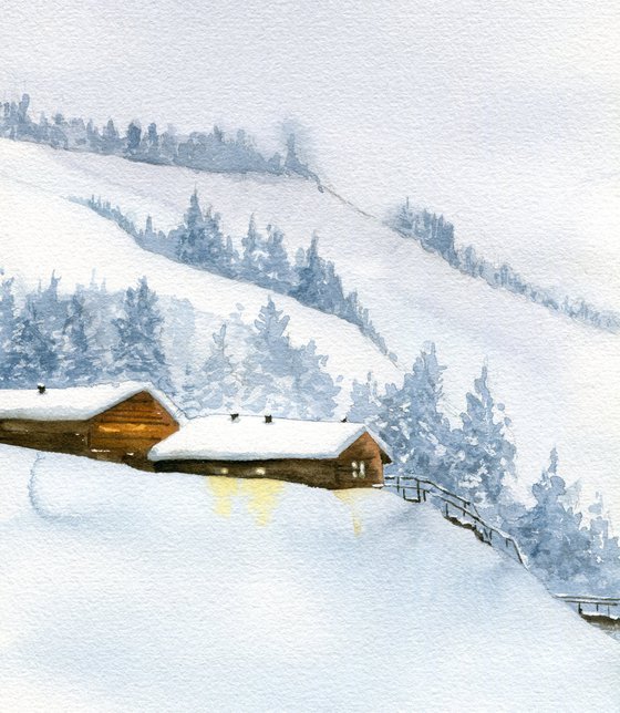 Winter in the mountains. Original watercolor artwork.