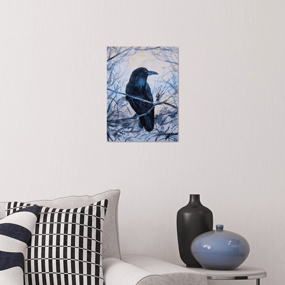 Raven watercolor painting, black crow wall art, gothic home decor, Halloween gift