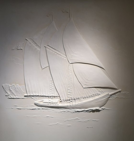 "The Bluenose" mixed-media on drywall bas-relief
