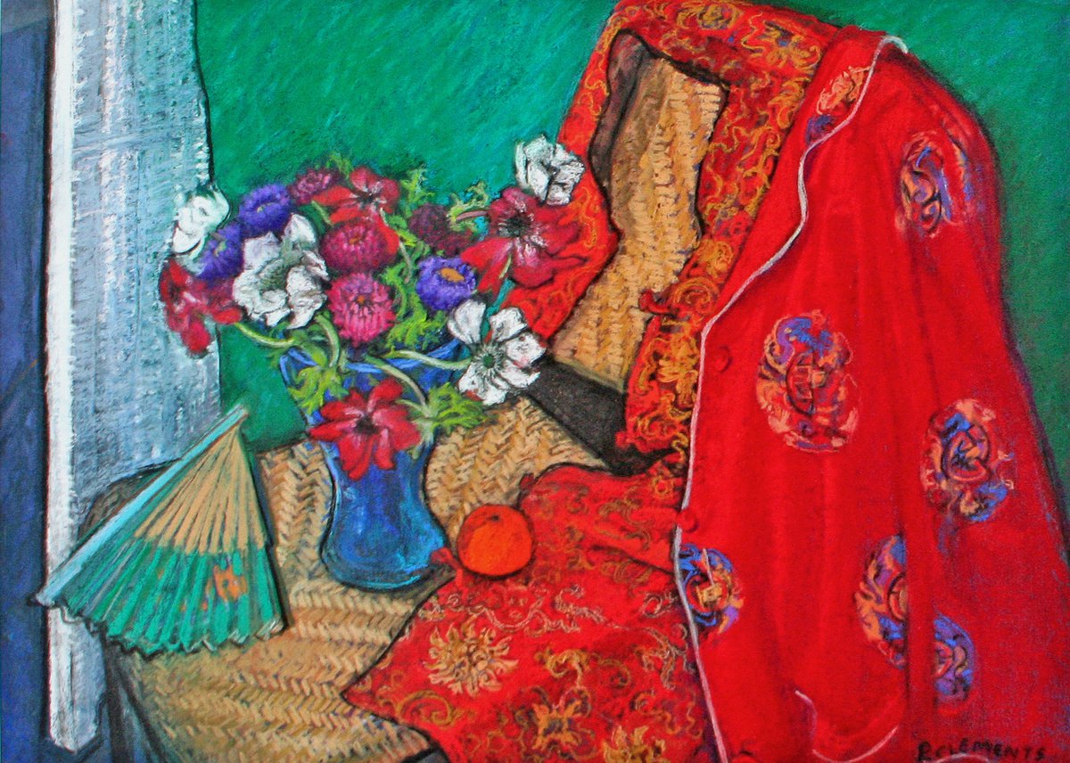 Kimono with Fan and Anemones still life by Patricia Clements