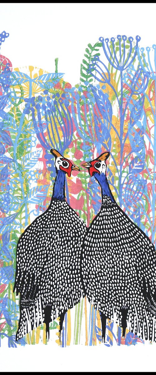 Guinea Hens and Blue Flowers by Mariann Johansen-Ellis