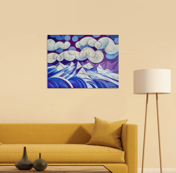 Winter evening (60x80cm, cubism, oil painting, ready to hang)