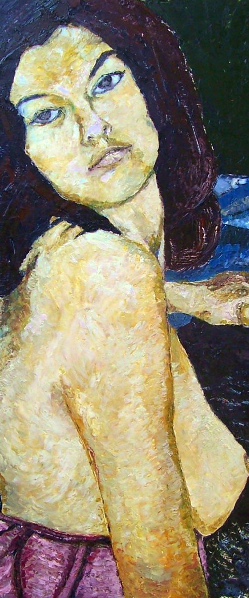 The Unposed Pose: Model looking over right shoulder in a red basque by Richard Meyer
