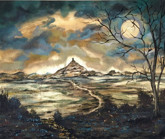 Glastonbury Tor under a full moon in gold leaf