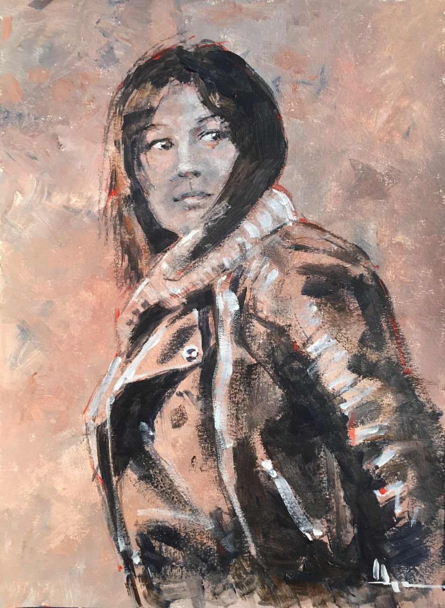 Expressive Portrait Acrylic Painting By Dominique Deve, 12 X 16, Girl With Jacket, Original Artwork